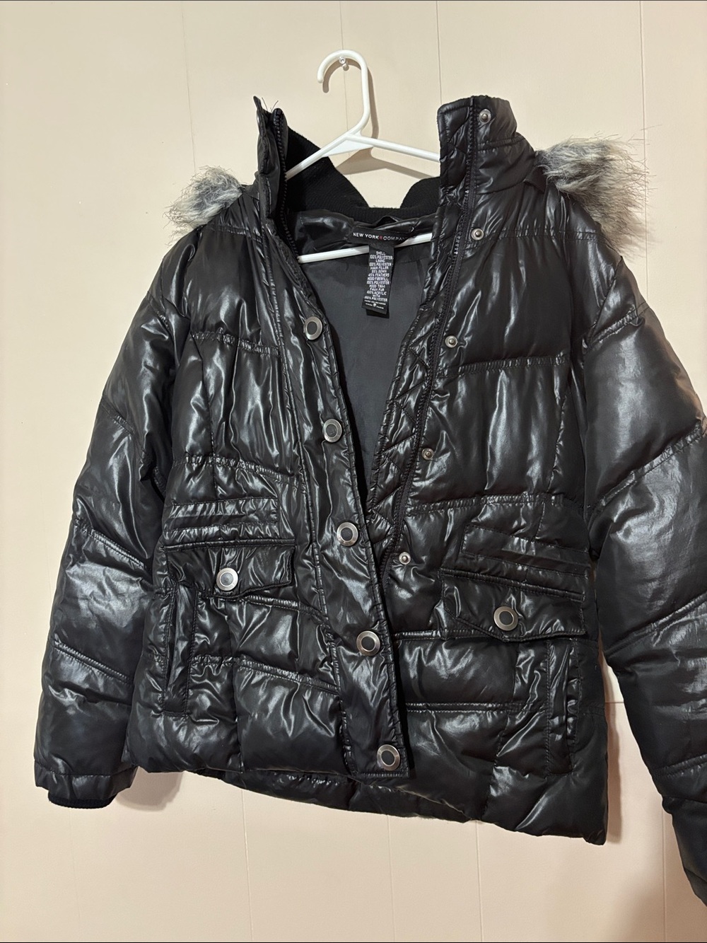 New York & Company Women's Black Puffer Jacket with Faux Fur Trim